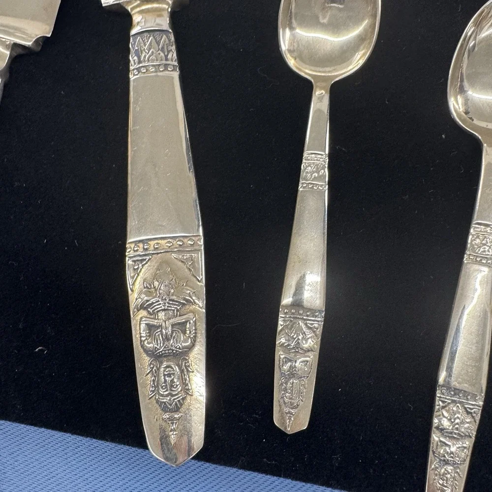 K Thailand Buddha 14 PC Flatware Set Brass  Knives And Tiny Spoons Vintage